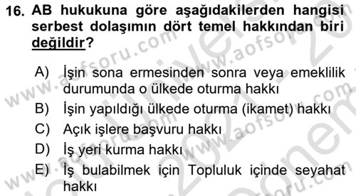 Avrupa Birliği ve Türkiye İlişkileri Dersi 2021 - 2022 Yılı (Final) Dönem Sonu Sınav Soruları 16. Soru