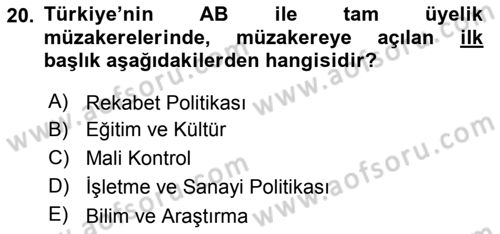 Avrupa Birliği ve Türkiye İlişkileri Dersi 2021 - 2022 Yılı (Final) Dönem Sonu Sınav Soruları 20. Soru