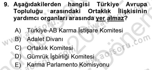 Avrupa Birliği ve Türkiye İlişkileri Dersi 2021 - 2022 Yılı (Final) Dönem Sonu Sınav Soruları 9. Soru