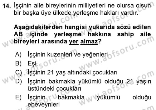 Avrupa Birliği ve Türkiye İlişkileri Dersi 2021 - 2022 Yılı Yaz Okulu Sınavı 14. Soru