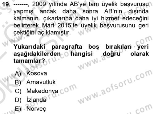 Avrupa Birliği ve Türkiye İlişkileri Dersi 2021 - 2022 Yılı Yaz Okulu Sınav Soruları 19. Soru