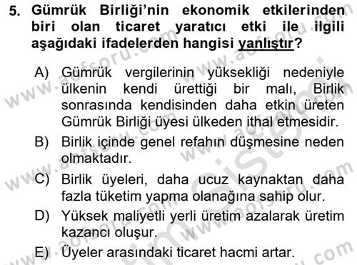 Avrupa Birliği ve Türkiye İlişkileri Dersi 2021 - 2022 Yılı Yaz Okulu Sınav Soruları 5. Soru