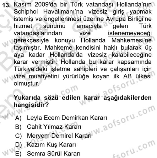 Avrupa Birliği ve Türkiye İlişkileri Dersi 2022 - 2023 Yılı (Final) Dönem Sonu Sınav Soruları 13. Soru