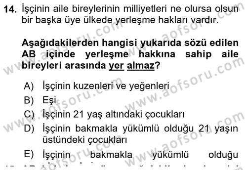Avrupa Birliği ve Türkiye İlişkileri Dersi 2022 - 2023 Yılı (Final) Dönem Sonu Sınav Soruları 14. Soru