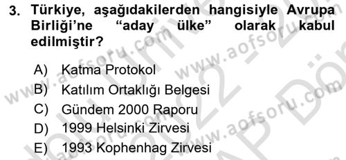 Avrupa Birliği ve Türkiye İlişkileri Dersi 2022 - 2023 Yılı (Final) Dönem Sonu Sınav Soruları 3. Soru