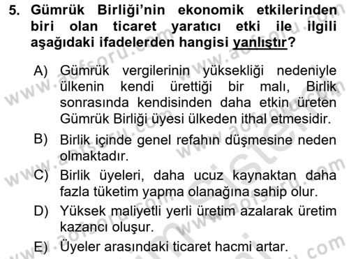 Avrupa Birliği ve Türkiye İlişkileri Dersi 2022 - 2023 Yılı (Final) Dönem Sonu Sınav Soruları 5. Soru