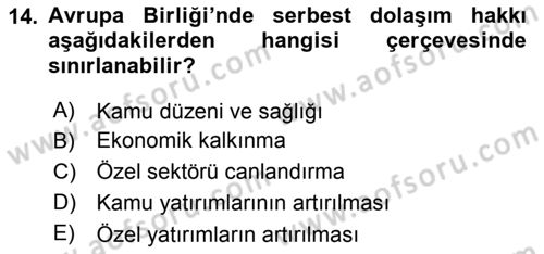 Avrupa Birliği ve Türkiye İlişkileri Dersi 2022 - 2023 Yılı Yaz Okulu Sınavı 14. Soru