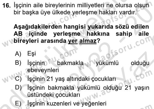 Avrupa Birliği ve Türkiye İlişkileri Dersi 2022 - 2023 Yılı Yaz Okulu Sınav Soruları 16. Soru