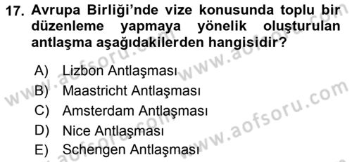 Avrupa Birliği ve Türkiye İlişkileri Dersi 2022 - 2023 Yılı Yaz Okulu Sınavı 17. Soru