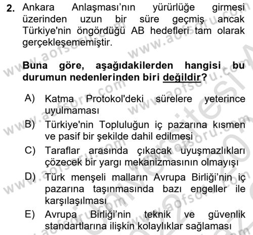 Avrupa Birliği ve Türkiye İlişkileri Dersi 2022 - 2023 Yılı Yaz Okulu Sınavı 2. Soru