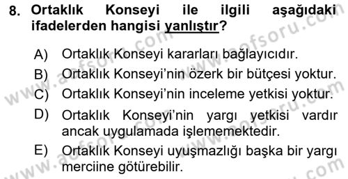 Avrupa Birliği ve Türkiye İlişkileri Dersi 2022 - 2023 Yılı Yaz Okulu Sınavı 8. Soru