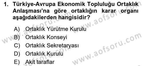 Avrupa Birliği ve Türkiye İlişkileri Dersi 2023 - 2024 Yılı (Vize) Ara Sınav Soruları 1. Soru