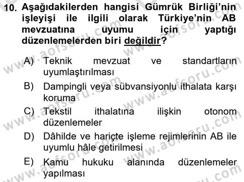 Avrupa Birliği ve Türkiye İlişkileri Dersi 2023 - 2024 Yılı (Vize) Ara Sınav Soruları 10. Soru