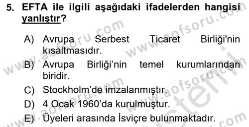 Avrupa Birliği ve Türkiye İlişkileri Dersi 2023 - 2024 Yılı (Vize) Ara Sınav Soruları 5. Soru
