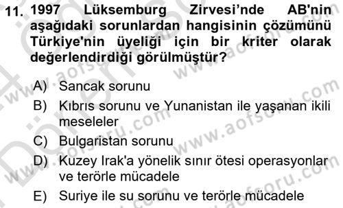 Avrupa Birliği ve Türkiye İlişkileri Dersi 2023 - 2024 Yılı (Final) Dönem Sonu Sınav Soruları 11. Soru