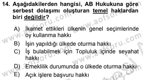 Avrupa Birliği ve Türkiye İlişkileri Dersi 2023 - 2024 Yılı (Final) Dönem Sonu Sınav Soruları 14. Soru