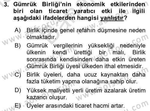 Avrupa Birliği ve Türkiye İlişkileri Dersi 2023 - 2024 Yılı (Final) Dönem Sonu Sınav Soruları 3. Soru