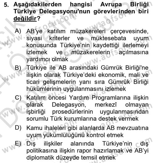 Avrupa Birliği ve Türkiye İlişkileri Dersi 2023 - 2024 Yılı (Final) Dönem Sonu Sınavı 5. Soru