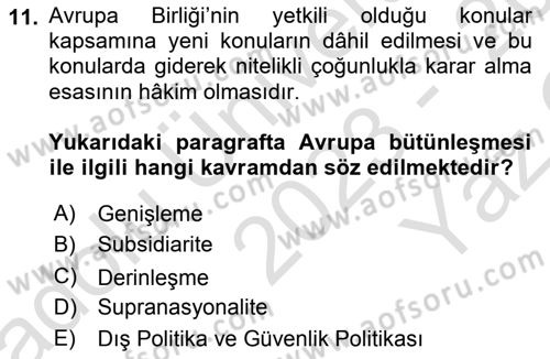 Avrupa Birliği ve Türkiye İlişkileri Dersi 2023 - 2024 Yılı Yaz Okulu Sınav Soruları 11. Soru