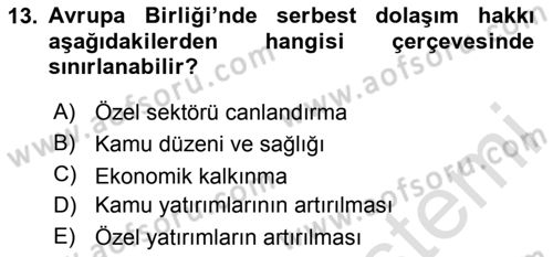 Avrupa Birliği ve Türkiye İlişkileri Dersi 2023 - 2024 Yılı Yaz Okulu Sınavı 13. Soru