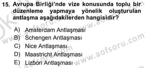 Avrupa Birliği ve Türkiye İlişkileri Dersi 2023 - 2024 Yılı Yaz Okulu Sınav Soruları 15. Soru