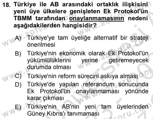 Avrupa Birliği ve Türkiye İlişkileri Dersi 2023 - 2024 Yılı Yaz Okulu Sınavı 18. Soru