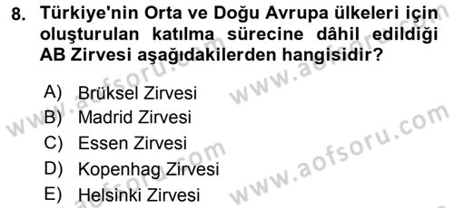 Avrupa Birliği ve Türkiye İlişkileri Dersi 2023 - 2024 Yılı Yaz Okulu Sınav Soruları 8. Soru