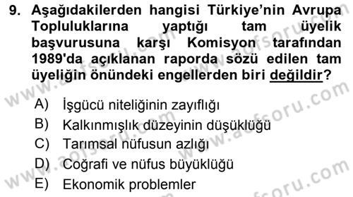 Avrupa Birliği ve Türkiye İlişkileri Dersi 2023 - 2024 Yılı Yaz Okulu Sınavı 9. Soru