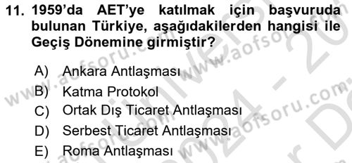Avrupa Birliği ve Türkiye İlişkileri Dersi 2024 - 2025 Yılı (Vize) Ara Sınav Soruları 11. Soru