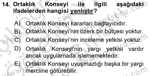 Avrupa Birliği ve Türkiye İlişkileri Dersi 2024 - 2025 Yılı (Vize) Ara Sınav Soruları 14. Soru