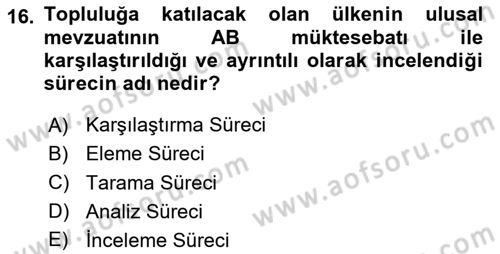 Avrupa Birliği ve Türkiye İlişkileri Dersi 2024 - 2025 Yılı (Vize) Ara Sınav Soruları 16. Soru