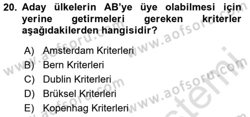 Avrupa Birliği ve Türkiye İlişkileri Dersi 2024 - 2025 Yılı (Vize) Ara Sınav Soruları 20. Soru