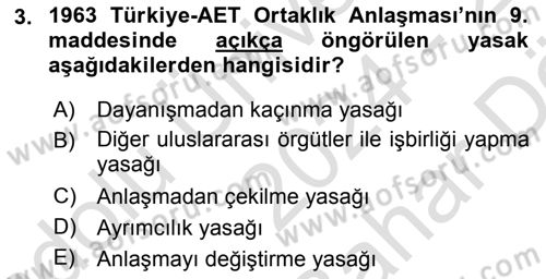 Avrupa Birliği ve Türkiye İlişkileri Dersi 2024 - 2025 Yılı (Vize) Ara Sınav Soruları 3. Soru
