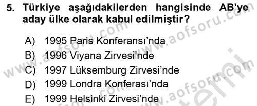 Avrupa Birliği ve Türkiye İlişkileri Dersi 2024 - 2025 Yılı (Vize) Ara Sınav Soruları 5. Soru