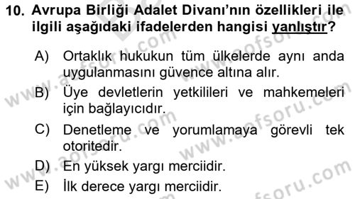 Avrupa Birliği ve Türkiye İlişkileri Dersi 2024 - 2025 Yılı (Final) Dönem Sonu Sınav Soruları 10. Soru