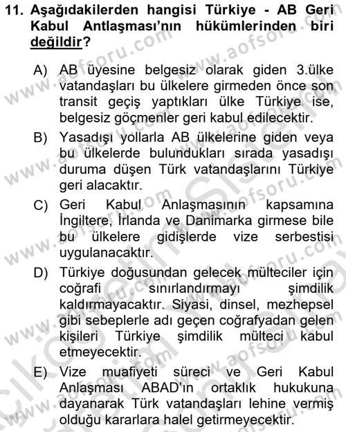 Avrupa Birliği ve Türkiye İlişkileri Dersi 2024 - 2025 Yılı (Final) Dönem Sonu Sınav Soruları 11. Soru