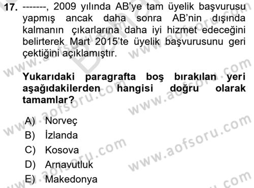 Avrupa Birliği ve Türkiye İlişkileri Dersi 2024 - 2025 Yılı (Final) Dönem Sonu Sınav Soruları 17. Soru
