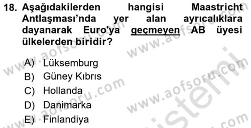 Avrupa Birliği ve Türkiye İlişkileri Dersi 2024 - 2025 Yılı (Final) Dönem Sonu Sınav Soruları 18. Soru
