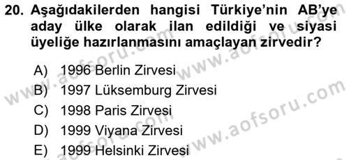 Avrupa Birliği ve Türkiye İlişkileri Dersi 2024 - 2025 Yılı (Final) Dönem Sonu Sınav Soruları 20. Soru