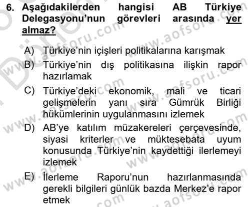 Avrupa Birliği ve Türkiye İlişkileri Dersi 2024 - 2025 Yılı (Final) Dönem Sonu Sınav Soruları 6. Soru