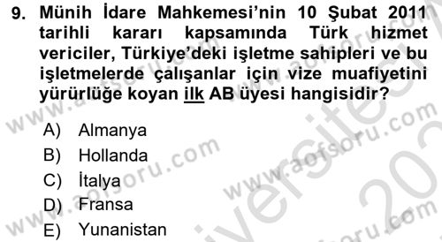 Avrupa Birliği ve Türkiye İlişkileri Dersi 2024 - 2025 Yılı (Final) Dönem Sonu Sınav Soruları 9. Soru