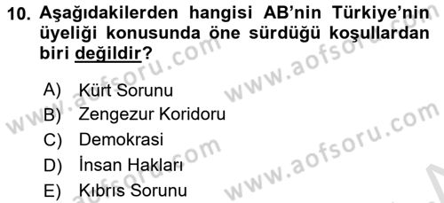 Avrupa Birliği ve Türkiye İlişkileri Dersi 2025 - 2026 Yılı (Vize) Ara Sınav Soruları 10. Soru