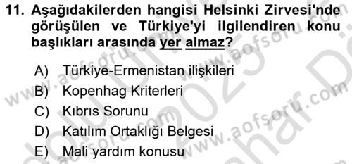 Avrupa Birliği ve Türkiye İlişkileri Dersi 2025 - 2026 Yılı (Vize) Ara Sınav Soruları 11. Soru
