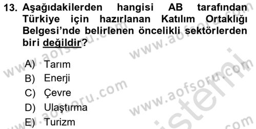 Avrupa Birliği ve Türkiye İlişkileri Dersi 2025 - 2026 Yılı (Vize) Ara Sınav Soruları 13. Soru
