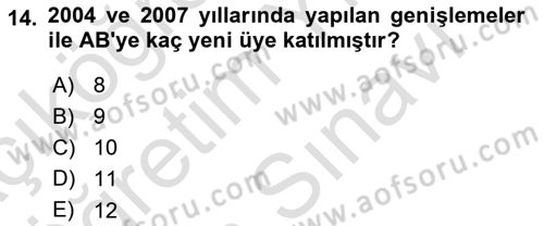 Avrupa Birliği ve Türkiye İlişkileri Dersi 2025 - 2026 Yılı (Vize) Ara Sınav Soruları 14. Soru