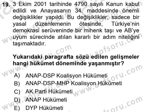 Avrupa Birliği ve Türkiye İlişkileri Dersi 2025 - 2026 Yılı (Vize) Ara Sınav Soruları 19. Soru