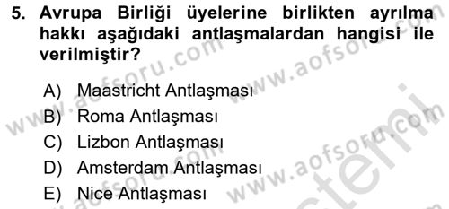 Avrupa Birliği ve Türkiye İlişkileri Dersi 2025 - 2026 Yılı (Vize) Ara Sınav Soruları 5. Soru