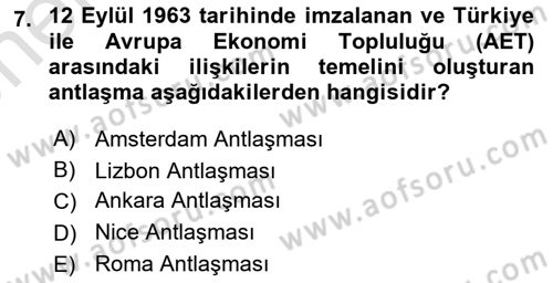Avrupa Birliği ve Türkiye İlişkileri Dersi 2025 - 2026 Yılı (Vize) Ara Sınav Soruları 7. Soru