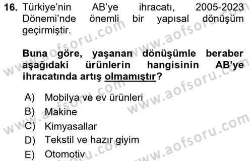 Avrupa Birliği ve Türkiye İlişkileri Dersi 2025 - 2026 Yılı (Final) Dönem Sonu Sınav Soruları 16. Soru