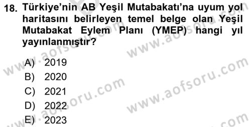 Avrupa Birliği ve Türkiye İlişkileri Dersi 2025 - 2026 Yılı (Final) Dönem Sonu Sınav Soruları 18. Soru